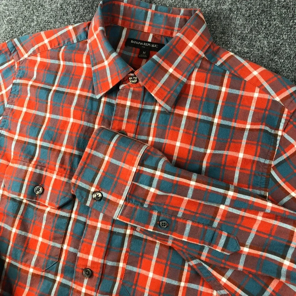 Banana Republic Men Flannel Shirt Size M Orange Blue Plaid Button Up Long Sleeve